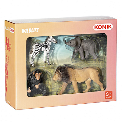 картинка Набор фигурок KONIK «Дикие животные: лев, шимпанзе, слонёнок, зебра» от магазина konik.ru